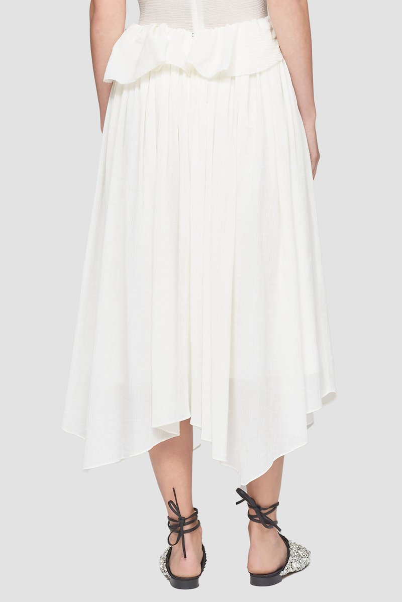 Plissé Voile Draped Skirt-white #1 Plissé Voile Draped Skirt, Ecru white cotton blend plissé petal drape skirt from 3.1 PHILLIP LIM featuring high-waisted, concealed rear zip fastening, draped detailing, layered design and asymmetric hem.- 3