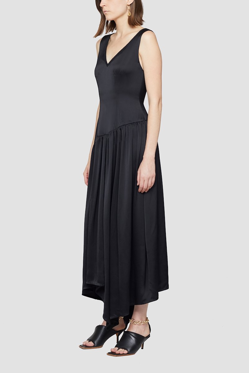 Plunge V-neck Long Dress-black #1 Plunge V-neck Long Dress, Black asymmetric-hem V-neck dress from 3.1 PHILLIP LIM featuring tonal design, V-neck, sleeveless, dart detailing, draped design and asymmetric hem.- 1
