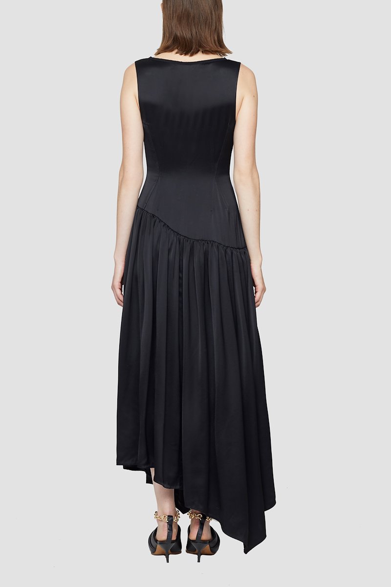 Plunge V-neck Long Dress-black #0 Plunge V-neck Long Dress, Black asymmetric-hem V-neck dress from 3.1 PHILLIP LIM featuring tonal design, V-neck, sleeveless, dart detailing, draped design and asymmetric hem.- 2