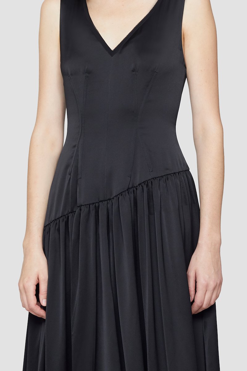 Plunge V-neck Long Dress-black #1 Plunge V-neck Long Dress, Black asymmetric-hem V-neck dress from 3.1 PHILLIP LIM featuring tonal design, V-neck, sleeveless, dart detailing, draped design and asymmetric hem.- 3
