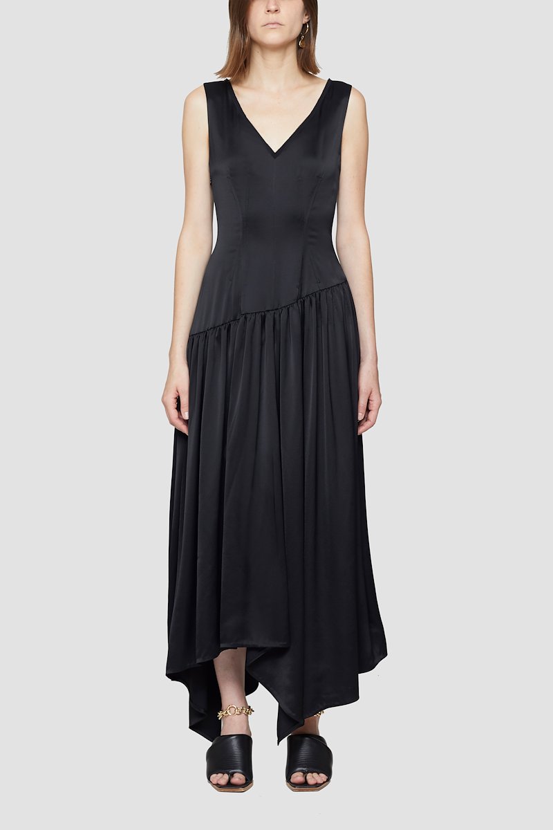 Plunge V-neck Long Dress-black #0 Plunge V-neck Long Dress, Black asymmetric-hem V-neck dress from 3.1 PHILLIP LIM featuring tonal design, V-neck, sleeveless, dart detailing, draped design and asymmetric hem.- 0