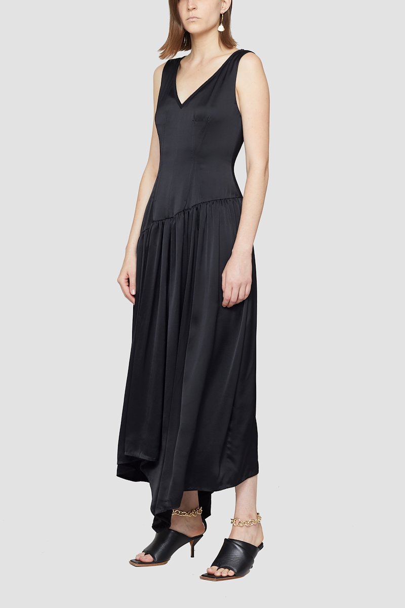 Plunge V-neck Long Dress-black #0 Plunge V-neck Long Dress, Black asymmetric-hem V-neck dress from 3.1 PHILLIP LIM featuring tonal design, V-neck, sleeveless, dart detailing, draped design and asymmetric hem.- 4