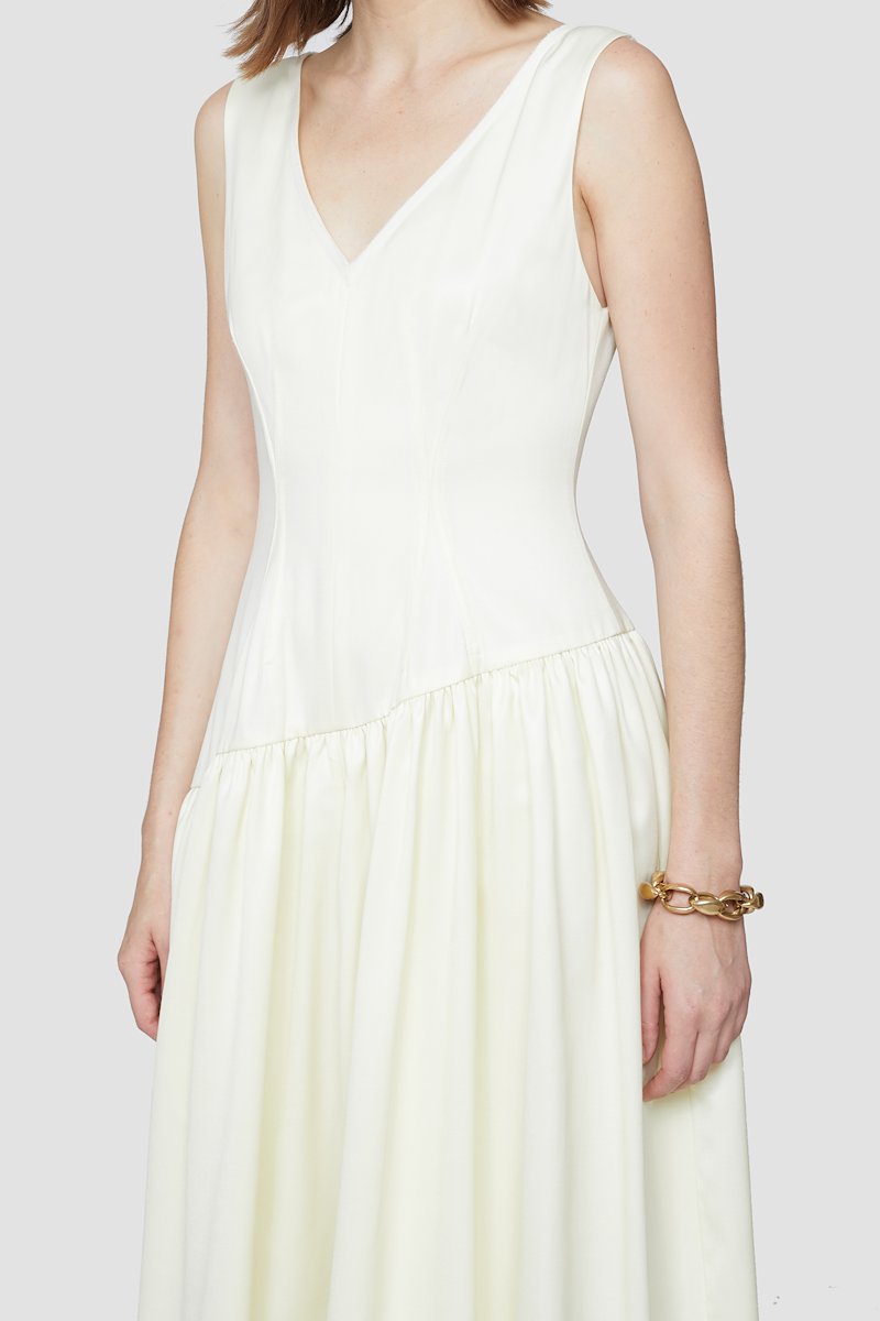 Plunge V-neck Long Dress-yellow #1 Plunge V-neck Long Dress, Champagne asymmetric-hem V-neck dress from 3.1 PHILLIP LIM featuring tonal design, V-neck, sleeveless, dart detailing, draped design and asymmetric hem.- 3