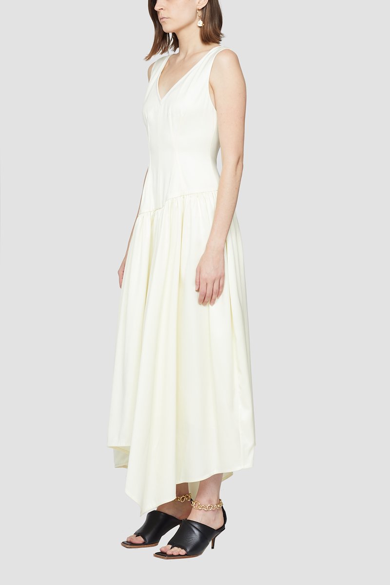 Plunge V-neck Long Dress-yellow #1 Plunge V-neck Long Dress, Champagne asymmetric-hem V-neck dress from 3.1 PHILLIP LIM featuring tonal design, V-neck, sleeveless, dart detailing, draped design and asymmetric hem.- 1