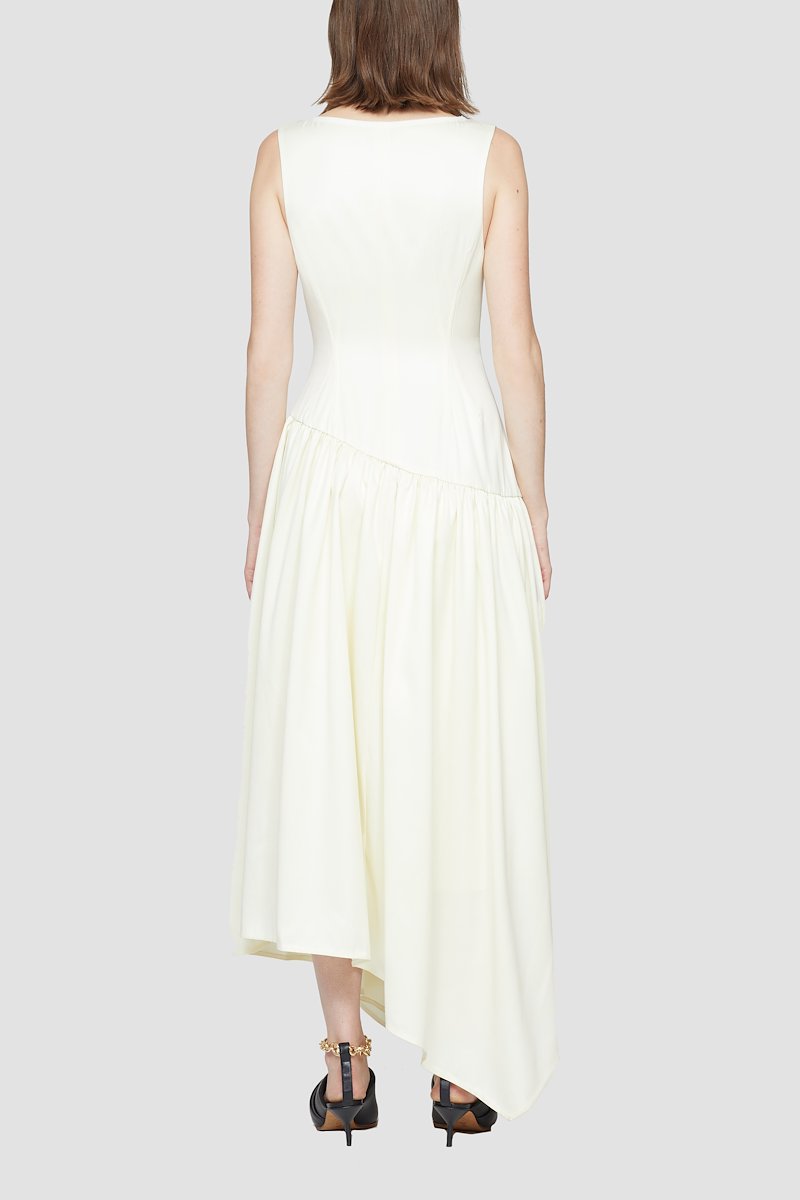 Plunge V-neck Long Dress-yellow #0 Plunge V-neck Long Dress, Champagne asymmetric-hem V-neck dress from 3.1 PHILLIP LIM featuring tonal design, V-neck, sleeveless, dart detailing, draped design and asymmetric hem.- 2