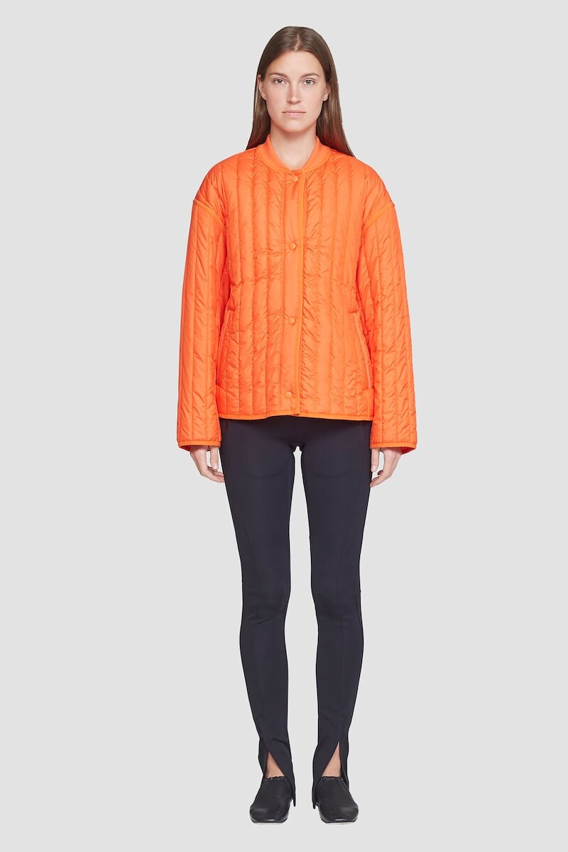 Quilted Liner Jacket, Orange quilted single-breasted jacket from 3.1 PHILLIP LIM featuring quilted, collarless, drop shoulder, front press-stud fastening, long sleeves, elasticated cuffs, two side slit pockets and straight hem.- 1