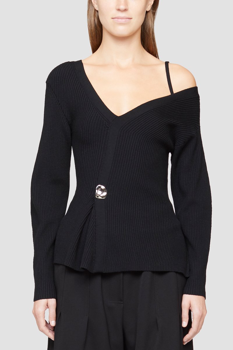ribbed-knit asymmetric jumper-black #1 ribbed-knit asymmetric jumper, Black merino-blend ribbed-knit asymmetric jumper from 3.1 PHILLIP LIM featuring ribbed knit, V-neck, long sleeves and straight hem.- 1