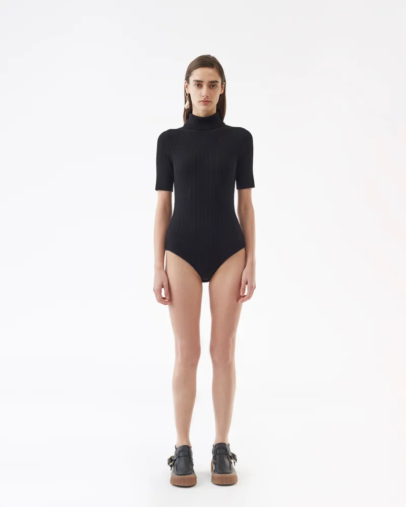 ribbed black turtleneck bodysuit