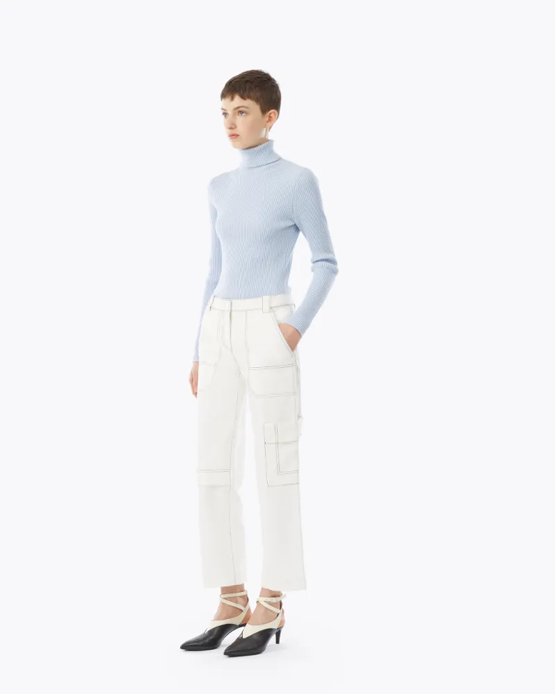 blue ribbed turtleneck