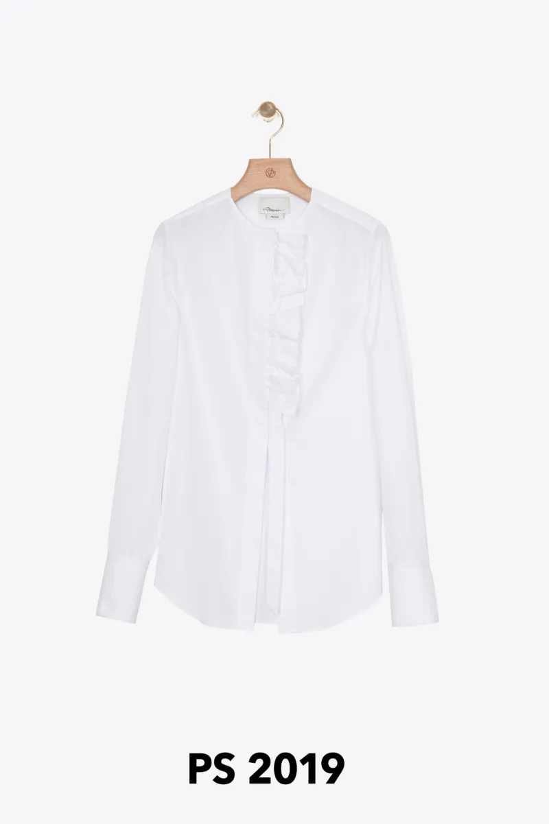 white button down shirt with ruffles