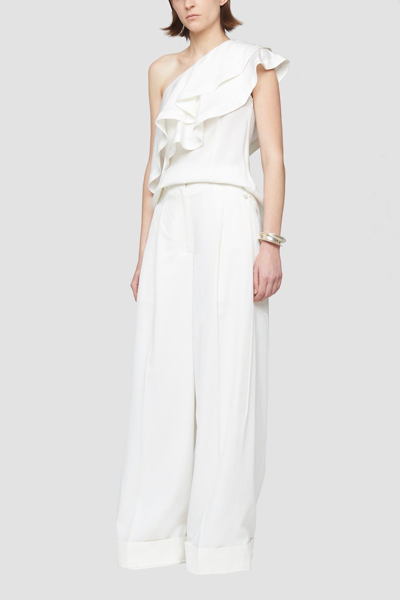 Ruffled One Shoulder Top-white #0 Ruffled One Shoulder Top, Ivory white ruffled one-shoulder blouse from 3.1 PHILLIP LIM featuring ruffled detailing, one-shoulder and straight hem.- 0