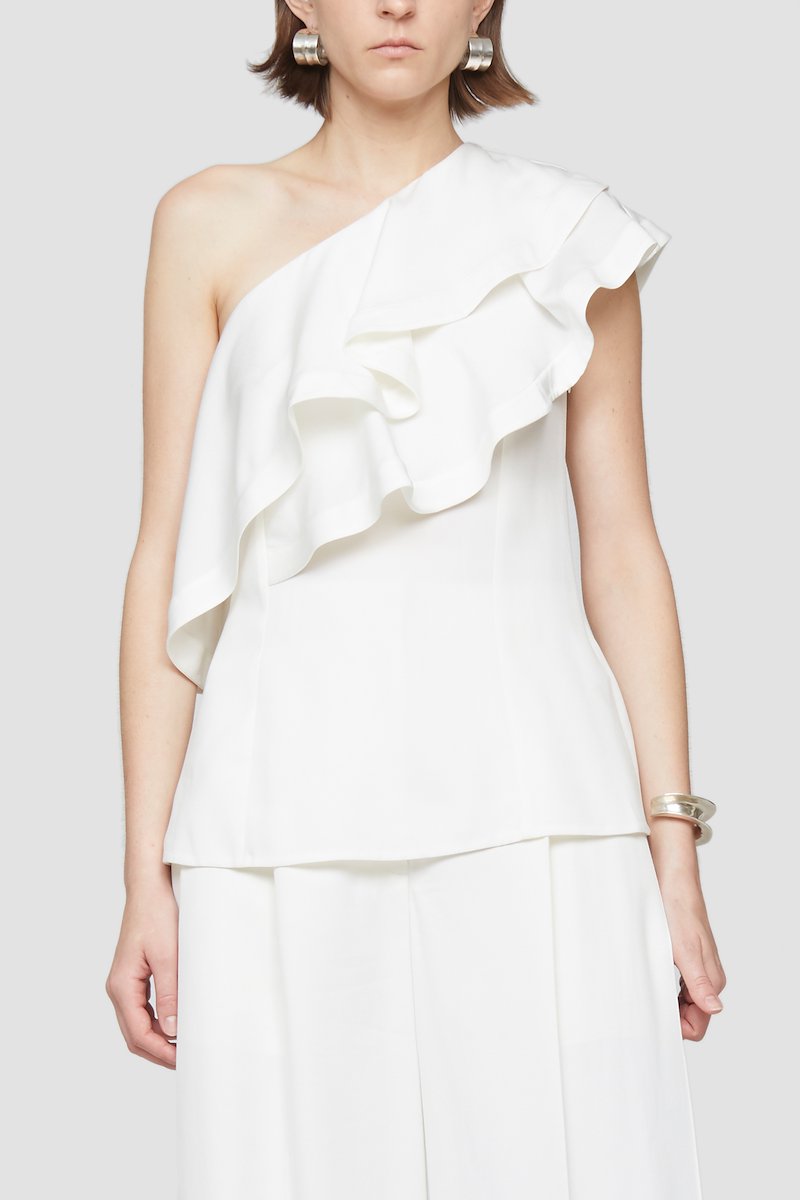 Ruffled One Shoulder Top-white #1 Ruffled One Shoulder Top, Ivory white ruffled one-shoulder blouse from 3.1 PHILLIP LIM featuring ruffled detailing, one-shoulder and straight hem.- 1