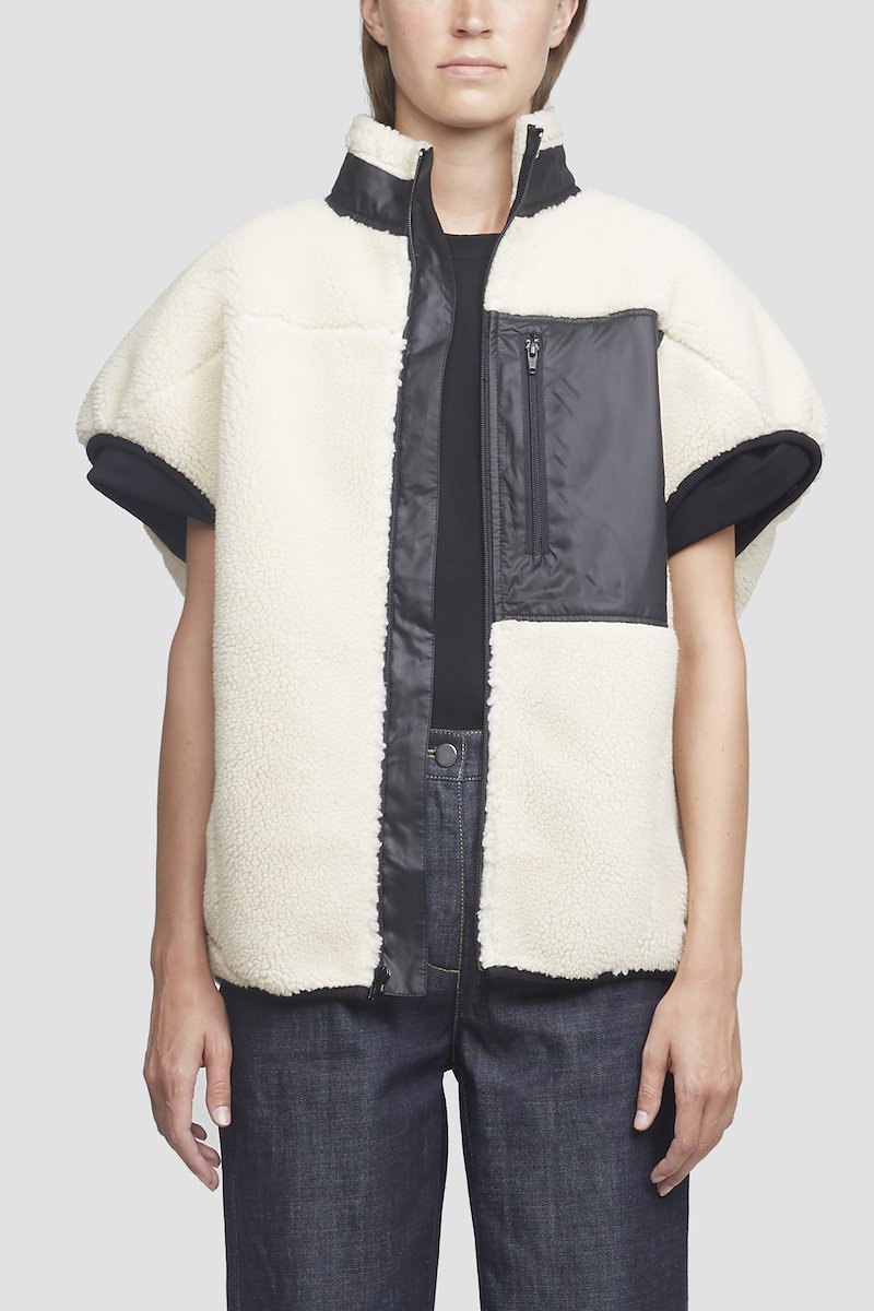 Sherpa Bonded Cocoon Vest-white #0 Sherpa Bonded Cocoon Vest, Ivory white/black sherpa bonded cocoon vest from 3.1 PHILLIP LIM featuring stand-up collar, cap sleeves, tonal stitching, front zip fastening, front zip fastening pockets and curved hem.- 0