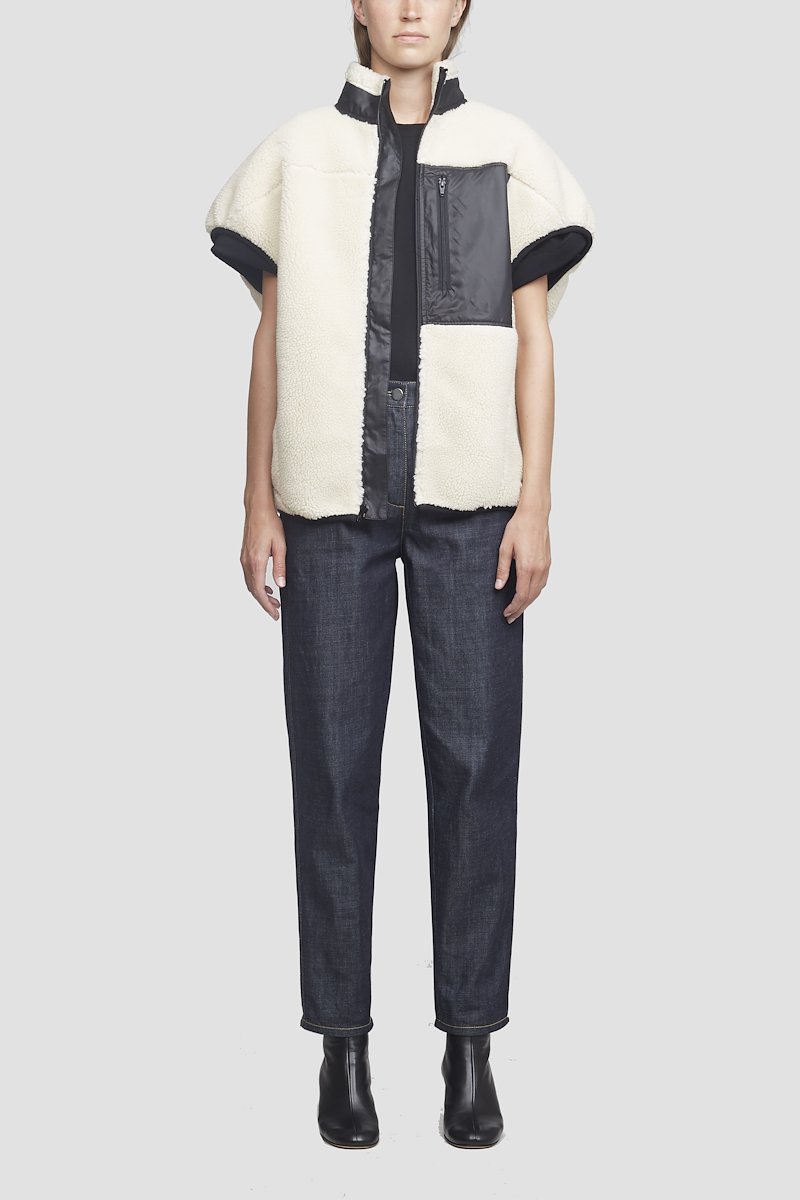 Sherpa Bonded Cocoon Vest-white #0 Sherpa Bonded Cocoon Vest, Ivory white/black sherpa bonded cocoon vest from 3.1 PHILLIP LIM featuring stand-up collar, cap sleeves, tonal stitching, front zip fastening, front zip fastening pockets and curved hem.- 4