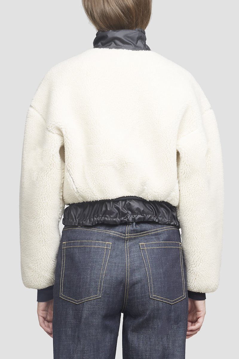 Sherpa Bonded Cropped Jacket-white #0 Sherpa Bonded Cropped Jacket, Ivory white/black sherpa bonded cropped jacket from 3.1 PHILLIP LIM featuring stand-up collar, front zip fastening, two zip-fastening pockets, drop shoulder, long sleeves, elasticated cuffs and elasticated hem.- 2