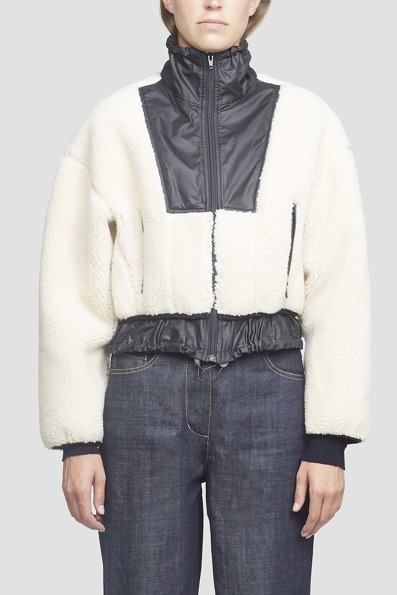Sherpa Bonded Cropped Jacket-white #0 Sherpa Bonded Cropped Jacket, Ivory white/black sherpa bonded cropped jacket from 3.1 PHILLIP LIM featuring stand-up collar, front zip fastening, two zip-fastening pockets, drop shoulder, long sleeves, elasticated cuffs and elasticated hem.- 0