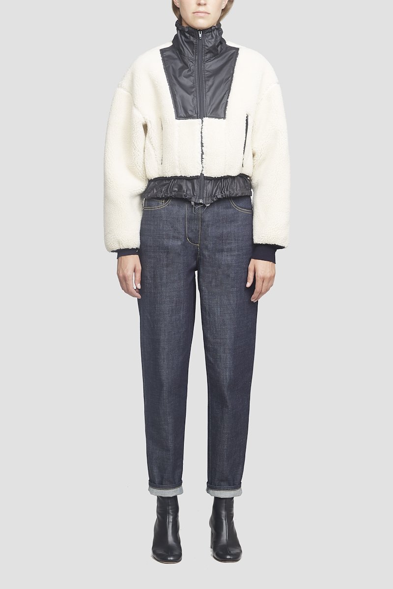 Sherpa Bonded Cropped Jacket-white #0 Sherpa Bonded Cropped Jacket, Ivory white/black sherpa bonded cropped jacket from 3.1 PHILLIP LIM featuring stand-up collar, front zip fastening, two zip-fastening pockets, drop shoulder, long sleeves, elasticated cuffs and elasticated hem.- 4