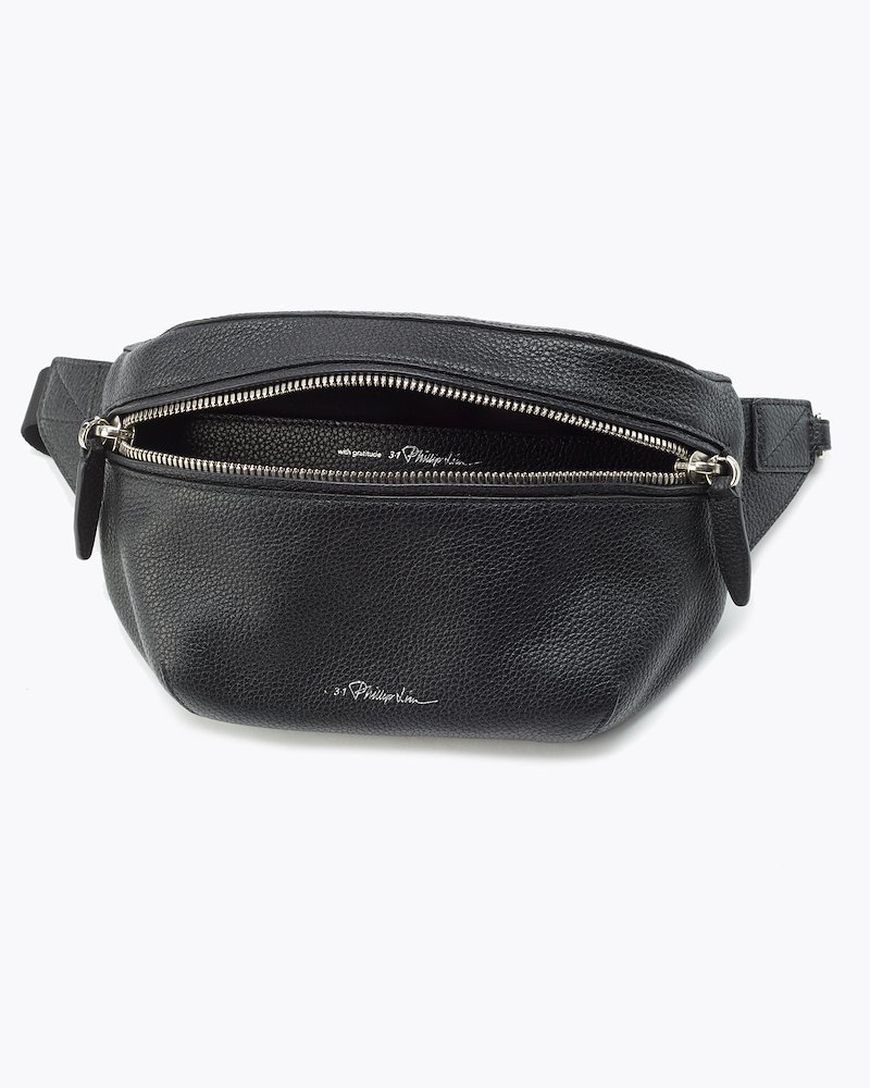 Slim Zipped Belt Bag-black #1 Slim Zipped Belt Bag, Black calf leather slim zipped belt bag from 3.1 Phillip Lim featuring grained texture, logo print to the front, top zip fastening and clip fastening.- 3