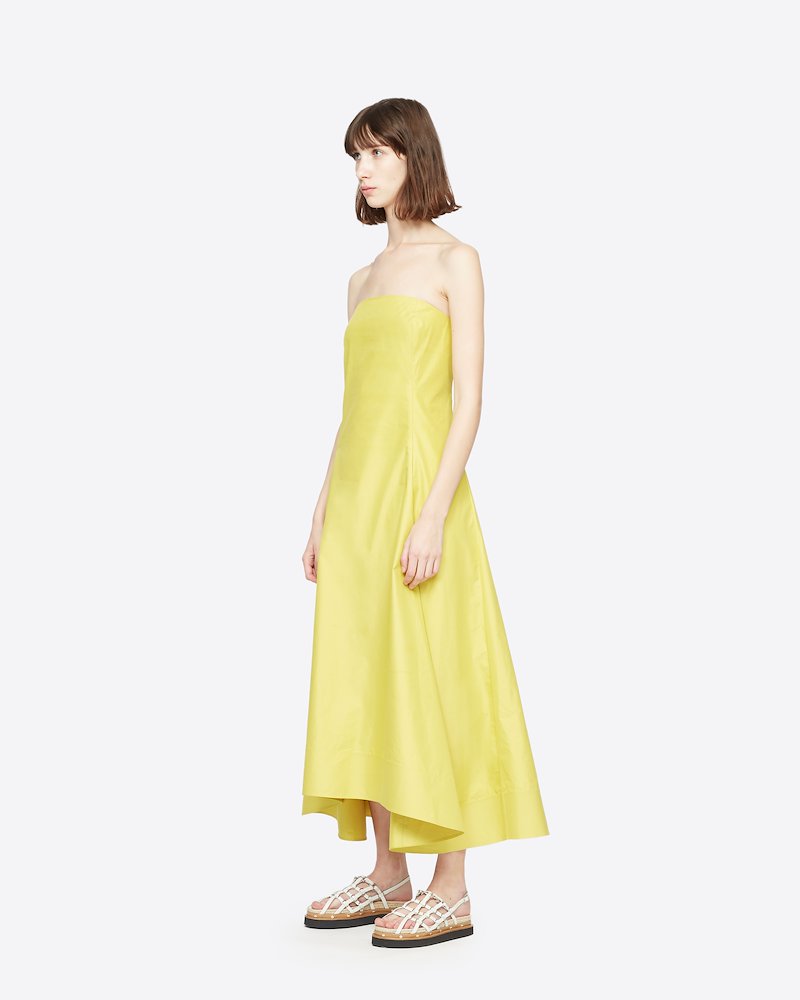 Spaghetti Strap Dress-yellow #1 Spaghetti Strap Dress, Are you a real city girl? You will be when you stroll down the streets in this yellow stretch cotton spaghetti straps midi dress. Only 3.1 Phillip Lim knows. Featuring a flared style, spaghetti straps, a square neck, a back zip fastening, an asymmetric hem and a mid-length.- 1