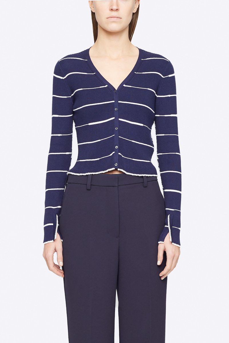 LADIES LONG SLEEVED BUTTON TRIM TOP NAVY STRIPED NEW SALE