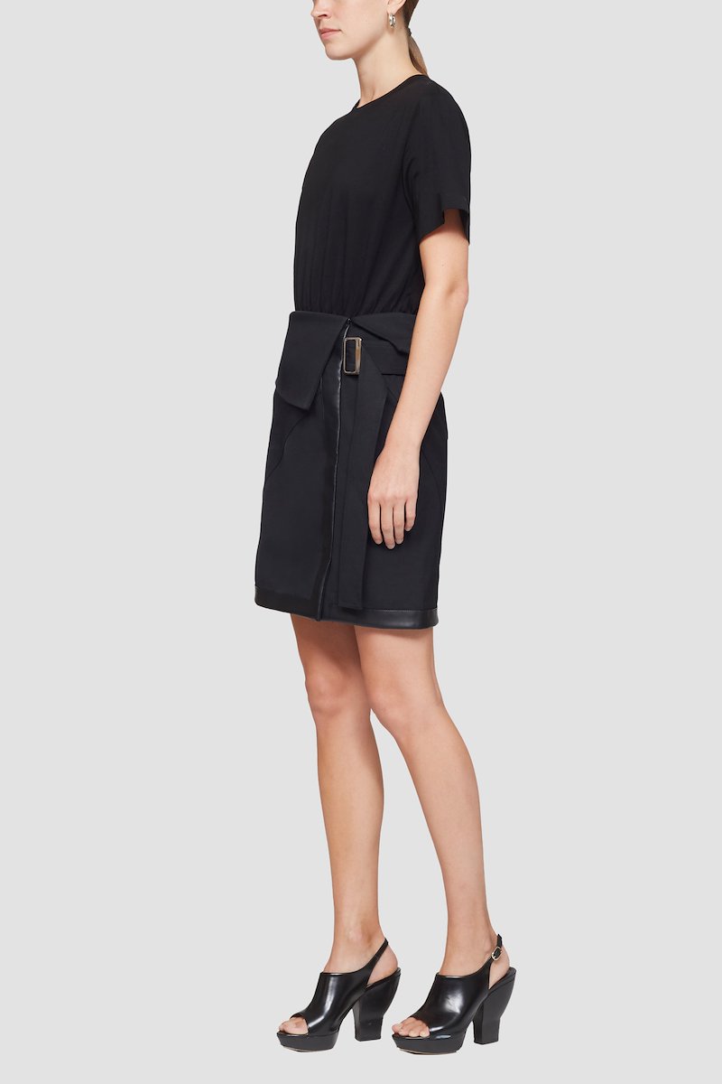 T-Shirt Combo Dress-black #1 T-Shirt Combo Dress, black cotton-blend tonal design round neck rear zip fastening short sleeves thigh-length- 1