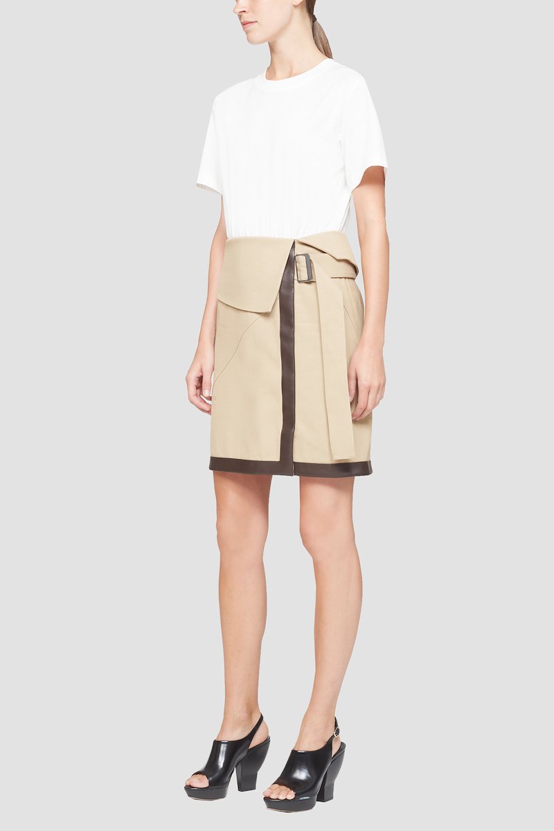 T-Shirt Combo Dress-brown #0 T-Shirt Combo Dress, Beige/white cotton blend twill T-shirt dress from 3.1 PHILLIP LIM featuring two-tone design, layered design, round neck, short sleeves, belted waist and thigh-length.- 2