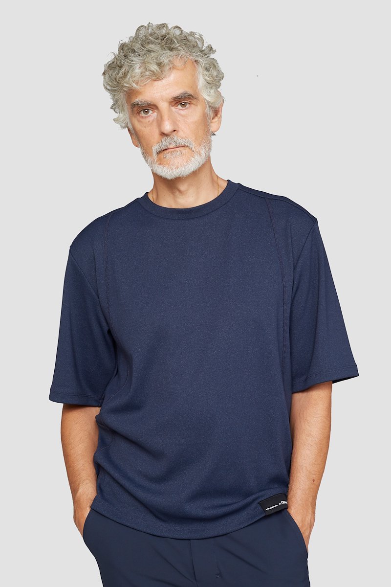The Boxy Tee-blue #1 The Boxy Tee, Navy blue cotton blend Essential T-shirt from 3.1 PHILLIP LIM featuring patchwork design, logo patch to the front, round neck, short sleeves and straight hem.- 3