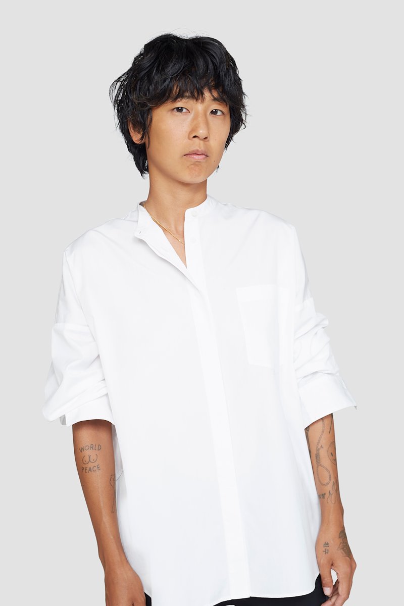The Boyfriend Shirt-white #1 The Boyfriend Shirt, White band-collar shirt from 3.1 PHILLIP LIM featuring chest patch pocket, buttoned cuffs, band collar, concealed front fastening, long sleeves and high-low hem.- 3