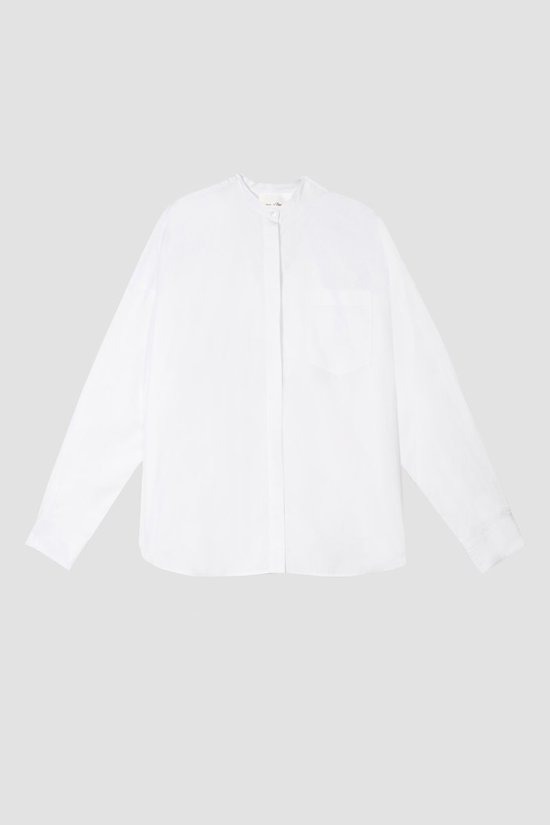 The Boyfriend Shirt-white #0 The Boyfriend Shirt, White band-collar shirt from 3.1 PHILLIP LIM featuring chest patch pocket, buttoned cuffs, band collar, concealed front fastening, long sleeves and high-low hem.- 4