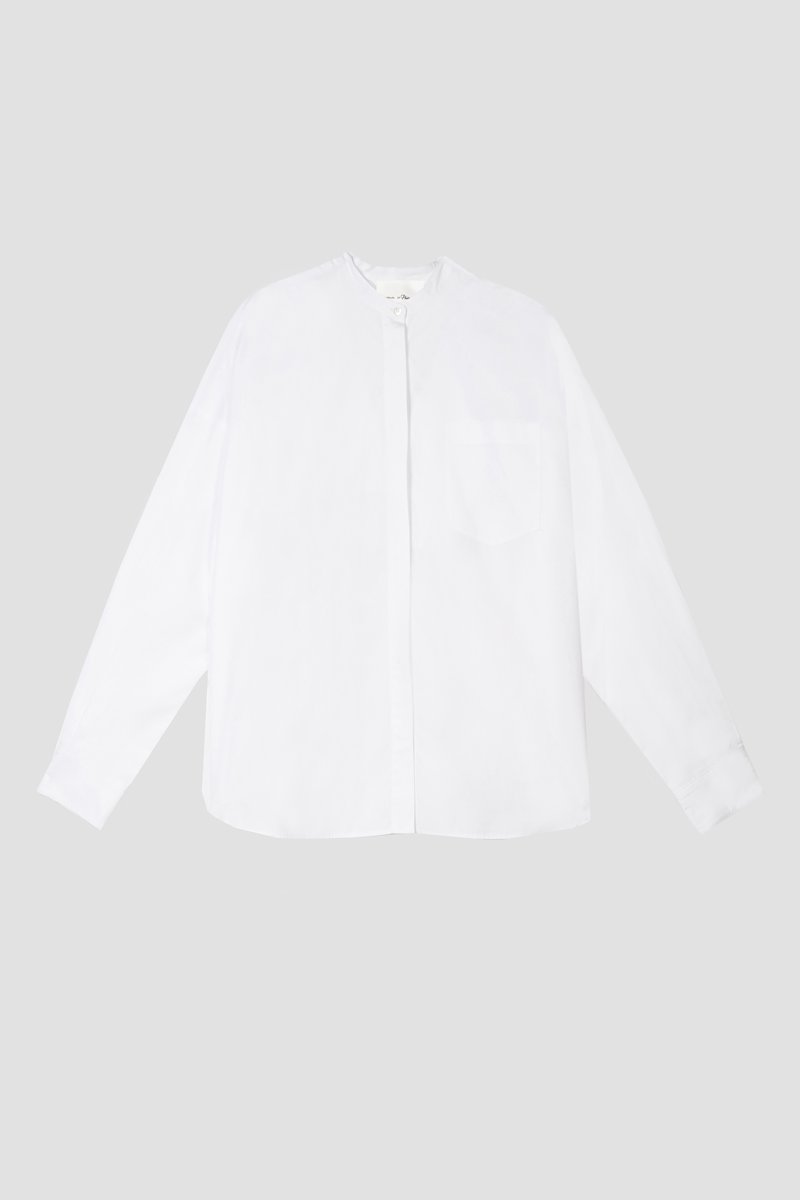 The Boyfriend Shirt-white #0 The Boyfriend Shirt, White band-collar shirt from 3.1 PHILLIP LIM featuring chest patch pocket, buttoned cuffs, band collar, concealed front fastening, long sleeves and high-low hem.- 4