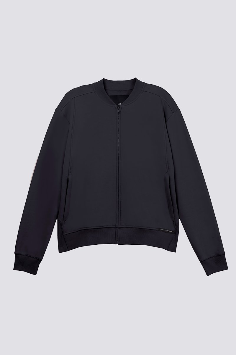 The Everyday Bomber-black #1 The Everyday Bomber, Black cotton zipped-up bomber jacket from 3.1 PHILLIP LIM featuring ribbed detailing, logo patch to the front, band collar, front zip fastening, long sleeves and two side welt pockets.- 7