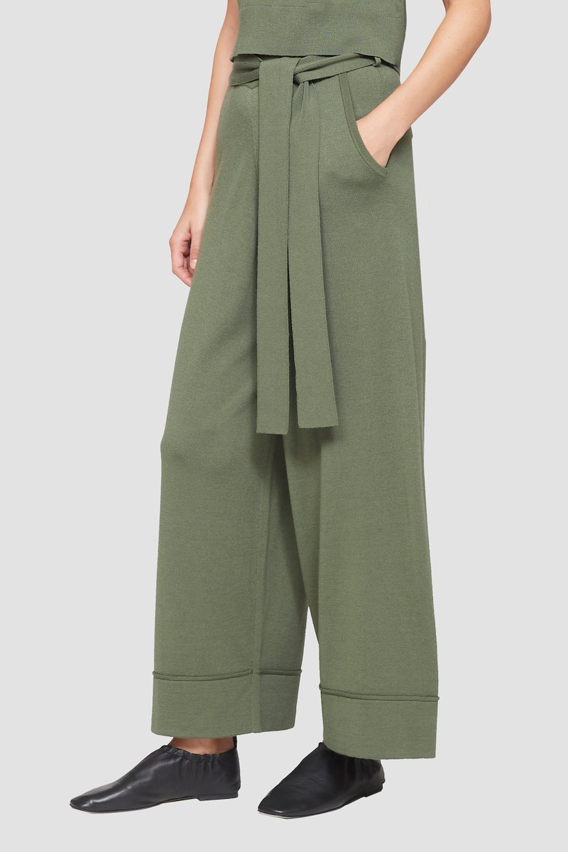 Tie Waist Wide Leg Pant-green #0 Tie Waist Wide Leg Pant, green wool-blend side tie fastening wide leg belt loops two side slit pockets- 2