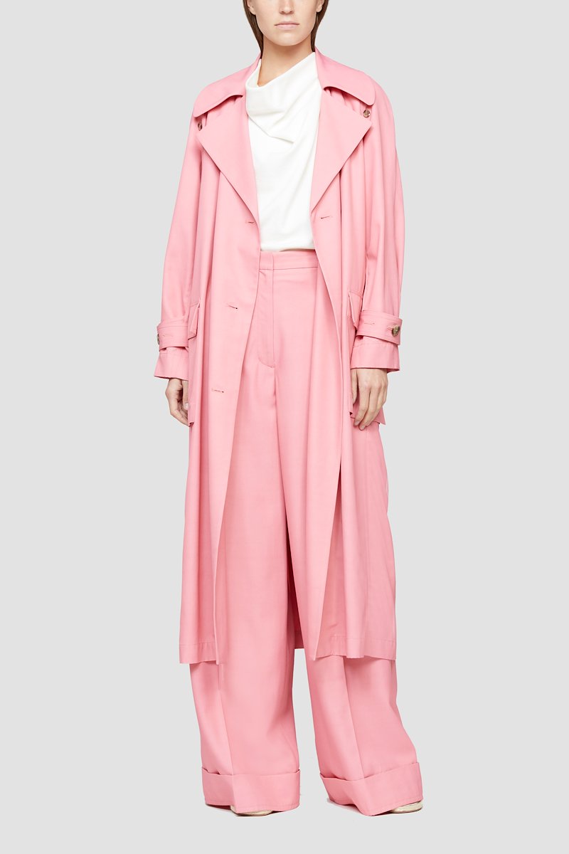 Trench Coat-pink #1 Trench Coat, Rosa pink double-breasted belted trench coat from 3.1 PHILLIP LIM featuring wide notch lapels, double-breasted button fastening, two side flap pockets, tied waist, long raglan sleeves, buttoned cuffs, unlined and central rear vent.- 1