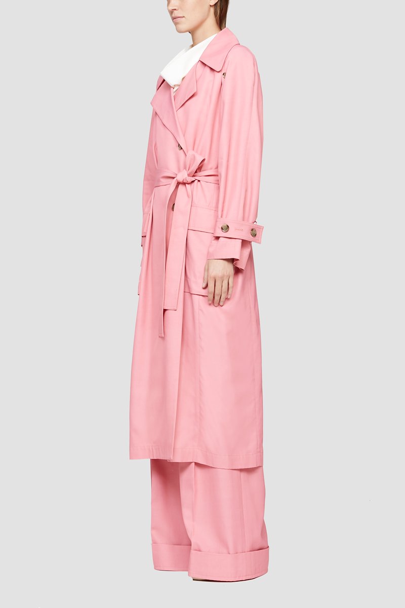 Trench Coat-pink #0 Trench Coat, Rosa pink double-breasted belted trench coat from 3.1 PHILLIP LIM featuring wide notch lapels, double-breasted button fastening, two side flap pockets, tied waist, long raglan sleeves, buttoned cuffs, unlined and central rear vent.- 2