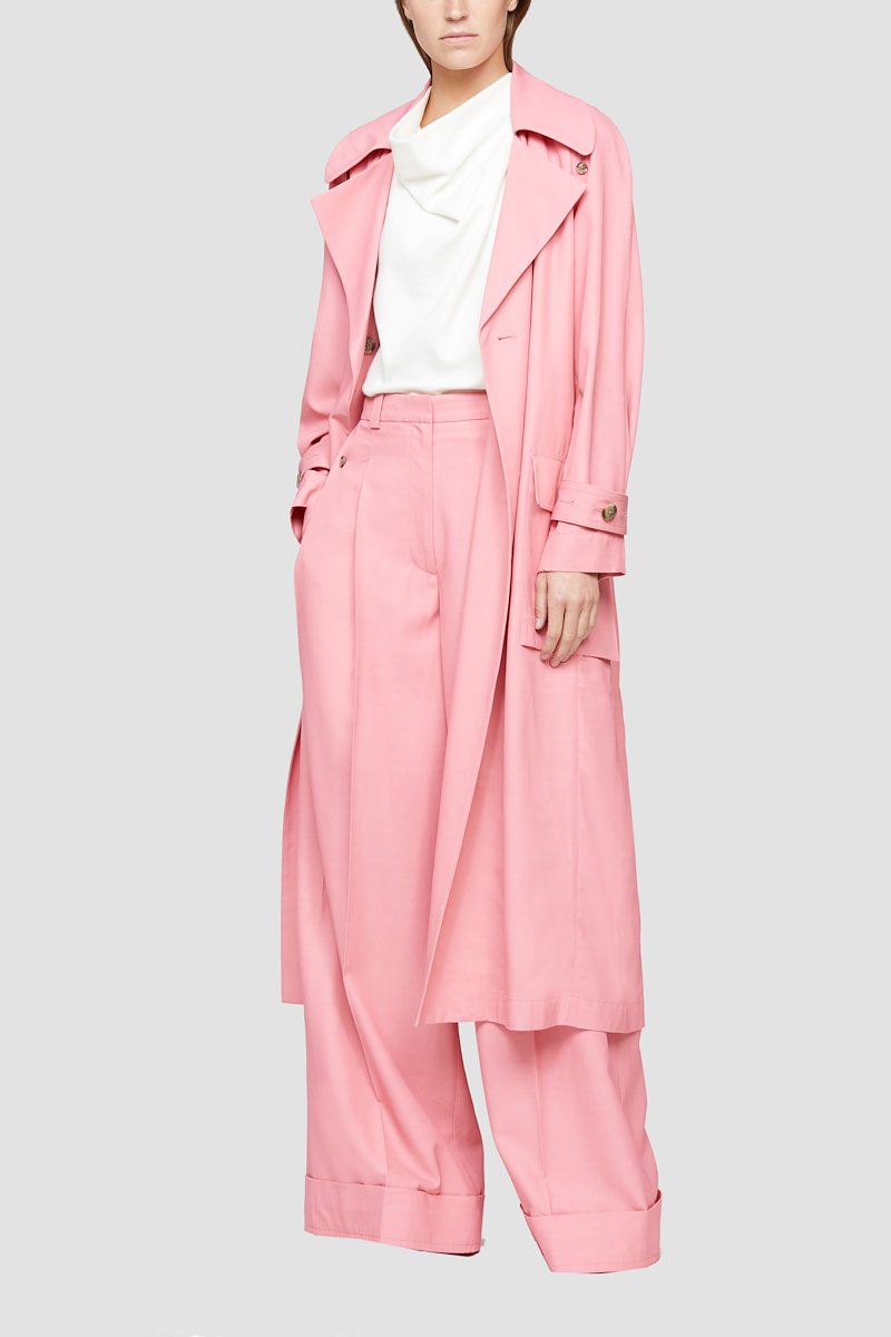 Trench Coat-pink #0 Trench Coat, Rosa pink double-breasted belted trench coat from 3.1 PHILLIP LIM featuring wide notch lapels, double-breasted button fastening, two side flap pockets, tied waist, long raglan sleeves, buttoned cuffs, unlined and central rear vent.- 0