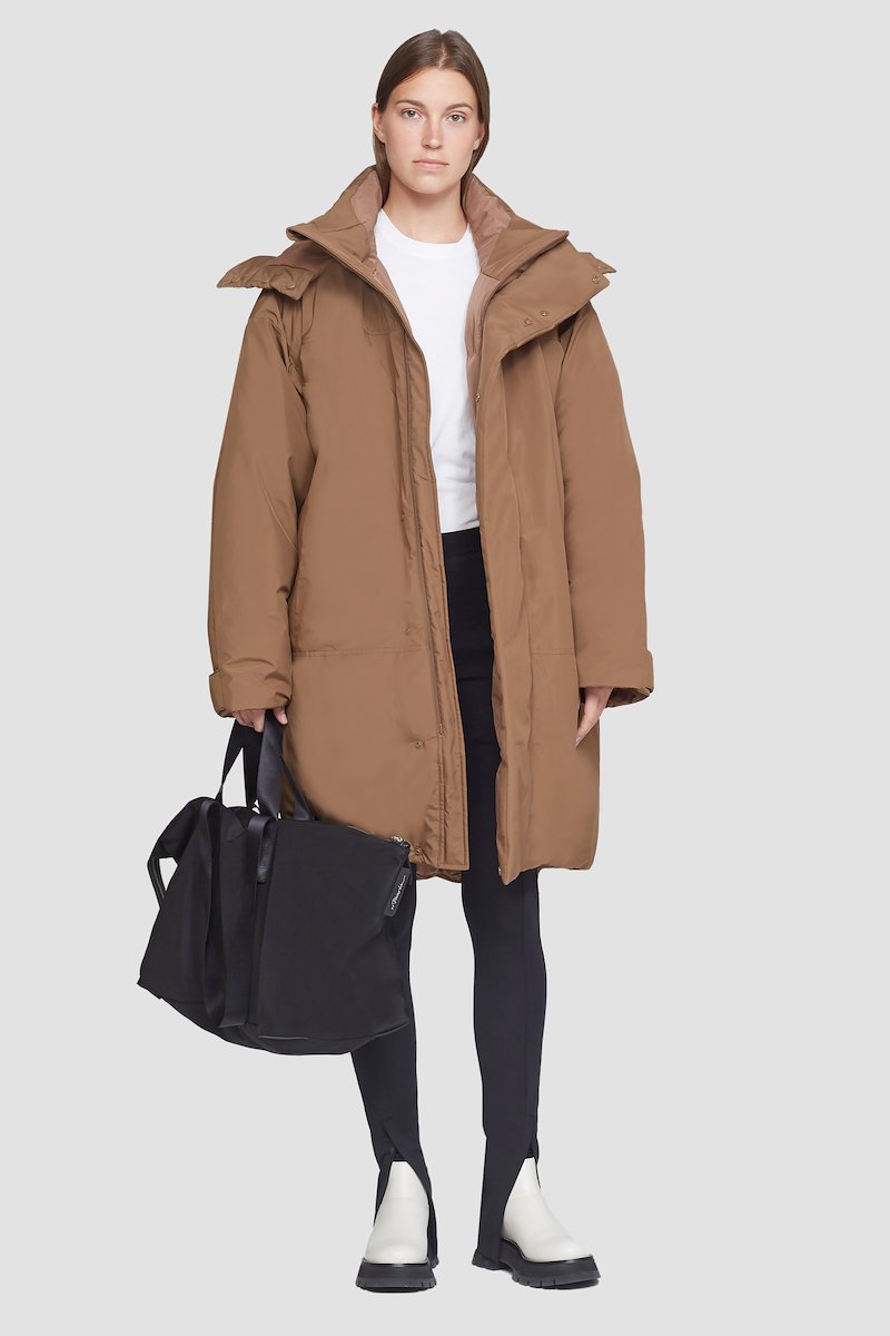 Unisex Duvet Parka-neutrals #1 Unisex Duvet Parka, Watnut Duvet oversized parka from 3.1 PHILLIP LIM featuring detachable hood, high neck, front press-stud and zip fastening, long sleeves, two handwarmer pockets, curved hem and water-repellent.- 1