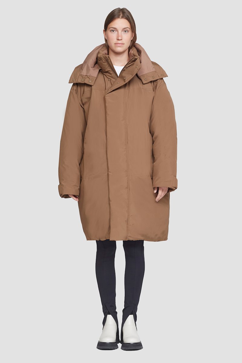 Unisex Duvet Parka-neutrals #1 Unisex Duvet Parka, Watnut Duvet oversized parka from 3.1 PHILLIP LIM featuring detachable hood, high neck, front press-stud and zip fastening, long sleeves, two handwarmer pockets, curved hem and water-repellent.- 5
