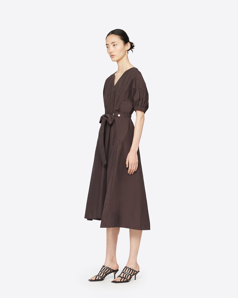 Utility Belted Dress with Gathered Sleeves-brown #1 Utility Belted Dress with Gathered Sleeves, There's nothing you love more than matching things. Matching your pen with your notebook, your headphones with your (reusable) bottle and matching your dress with your drink. And since we know you also have a thing for mochaccinos, we strongly believe this dark mocha brown cotton-blend Utility belted midi dress from 3.1 Phillip Lim is the only thing missing in the picture. Crossing it off the list in 3, 2, 1... Featuring a v-neck, an asymmetric hem, a mid-length, a flared style, short puffed sleeves, tie waist belt and silver-tone snap-button details.- 1