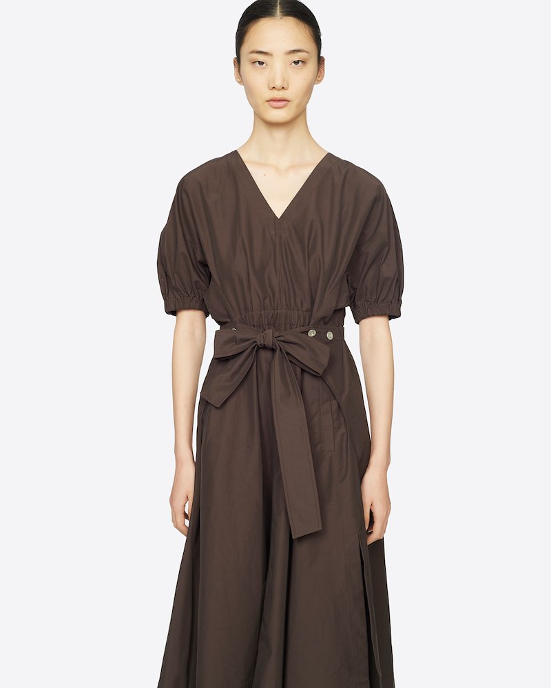 Utility Belted Dress with Gathered Sleeves-brown #1 Utility Belted Dress with Gathered Sleeves, There's nothing you love more than matching things. Matching your pen with your notebook, your headphones with your (reusable) bottle and matching your dress with your drink. And since we know you also have a thing for mochaccinos, we strongly believe this dark mocha brown cotton-blend Utility belted midi dress from 3.1 Phillip Lim is the only thing missing in the picture. Crossing it off the list in 3, 2, 1... Featuring a v-neck, an asymmetric hem, a mid-length, a flared style, short puffed sleeves, tie waist belt and silver-tone snap-button details.- 3