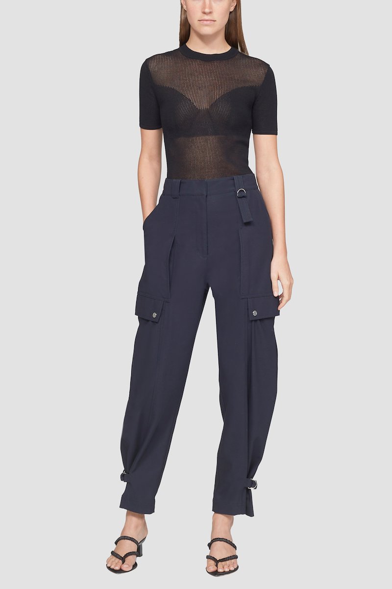 Utility Cargo Pant-blue #0 Utility Cargo Pant, Black cotton tapered-leg trousers from 3.1 PHILLIP LIM featuring D-ring buckle fastening, belt loops, two side flap pockets, ankle-length and buckle-strap at the ankle.- 0