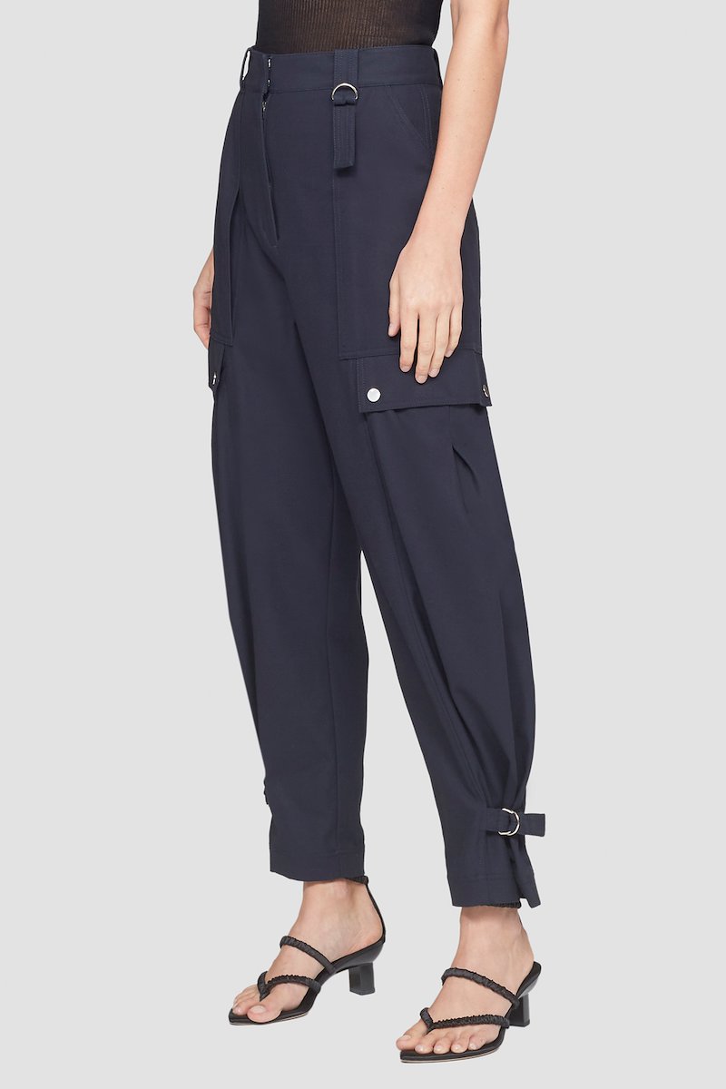 Utility Cargo Pant-blue #0 Utility Cargo Pant, Black cotton tapered-leg trousers from 3.1 PHILLIP LIM featuring D-ring buckle fastening, belt loops, two side flap pockets, ankle-length and buckle-strap at the ankle.- 2