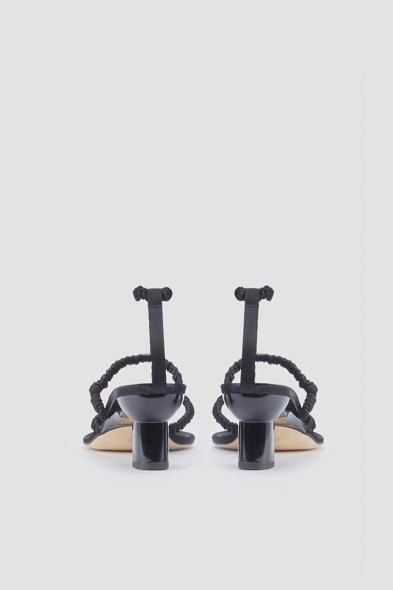 Verona Ankle Strap Sandal, Black satin Verona 60mm strappy satin sandals from 3.1 PHILLIP LIM featuring pointed toe, thong strap, branded insole, mid heel, multi strap design and elasticated straps.- 2