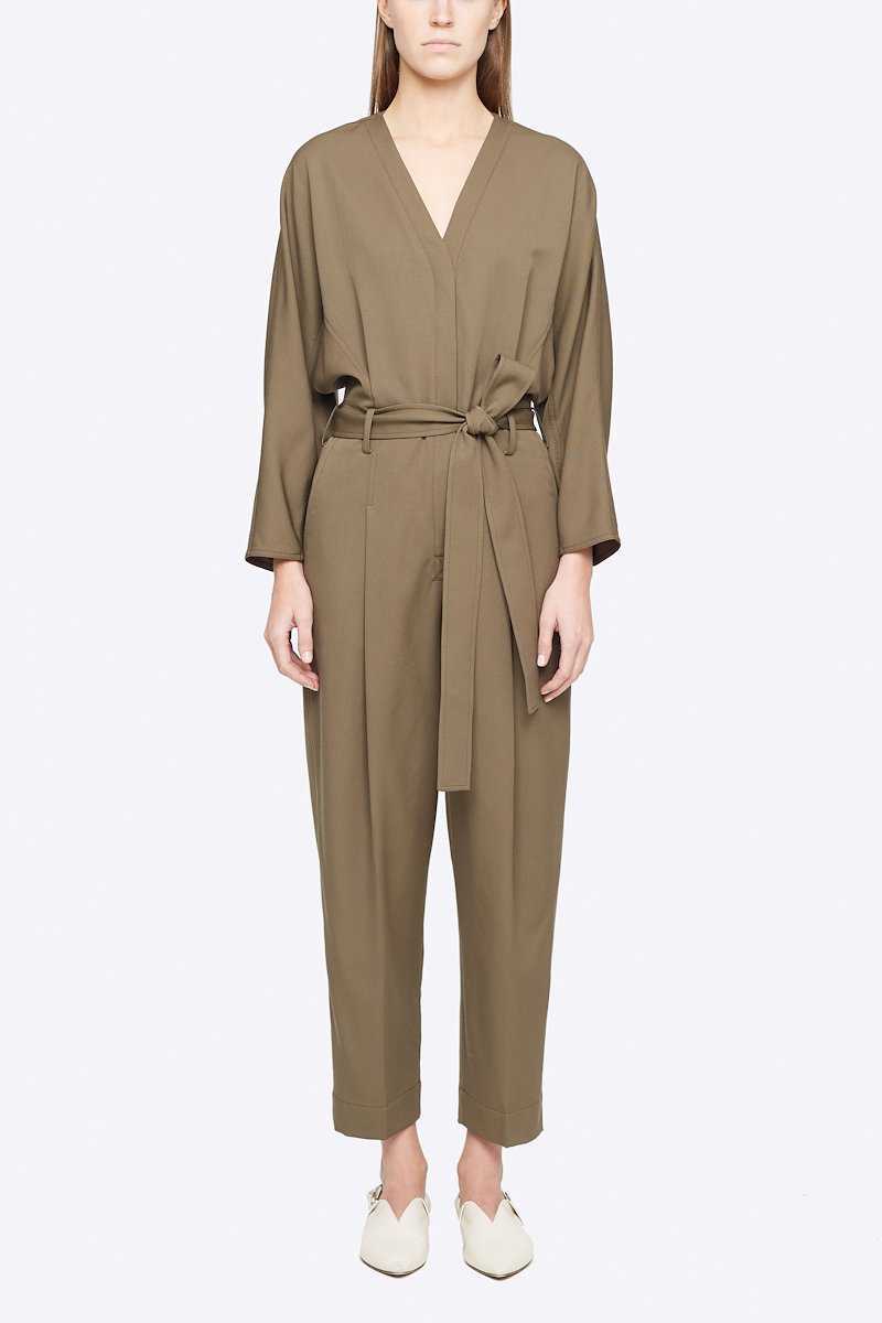 Wool Belted Jumpsuit-grey #0 Wool Belted Jumpsuit, Fir Green Wool or fine animal hair->Wool 3/4 SLV WOOL MENSWEAR BELTED JUMPSUIT from 3.1 Phillip Lim. - 0