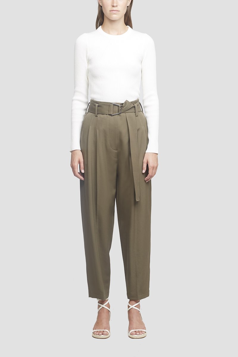 Wool Belted Utility Pant-green #0 Wool Belted Utility Pant, Green wool belted utility trousers from 3.1 PHILLIP LIM featuring high waist, belted waist, concealed front fastening, two diagonal pockets to the sides, rear patch pocket, tapered fit and cropped leg. POSITIVELY CONSCIOUS: This product is made with a material widely recognised as being better for the planet, so you can be confident you are choosing positively .- 4