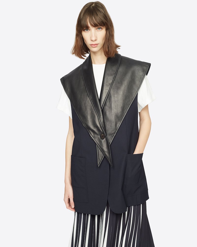 Wool Poplin Vest With Removable Scarf-black #1 Wool Poplin Vest With Removable Scarf, We all love versatility. Boasting a wool construction, this removable scarf vest from 3.1 Phillip Lim is the perfect piece to go with your moods. Leather scarf or not scarf? Either way you will look the coolest. Featuring a front button fastening, two front pockets and removable leather scarf.- 3