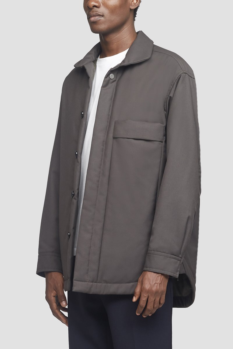 Wool Serge Overshirt Jacket-green #1 Wool Serge Overshirt Jacket, Earth grey wool-blend Serge wool-blend overshirt jacket from 3.1 PHILLIP LIM featuring padded design, classic collar, long sleeves, cuff zips, curved hem, concealed front fastening and chest patch pocket.- 1