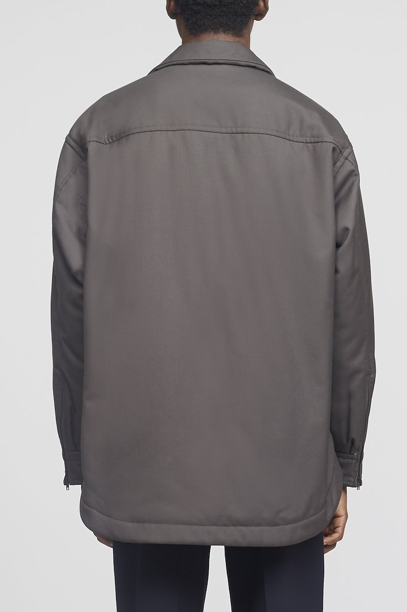 Wool Serge Overshirt Jacket-green #0 Wool Serge Overshirt Jacket, Earth grey wool-blend Serge wool-blend overshirt jacket from 3.1 PHILLIP LIM featuring padded design, classic collar, long sleeves, cuff zips, curved hem, concealed front fastening and chest patch pocket.- 2