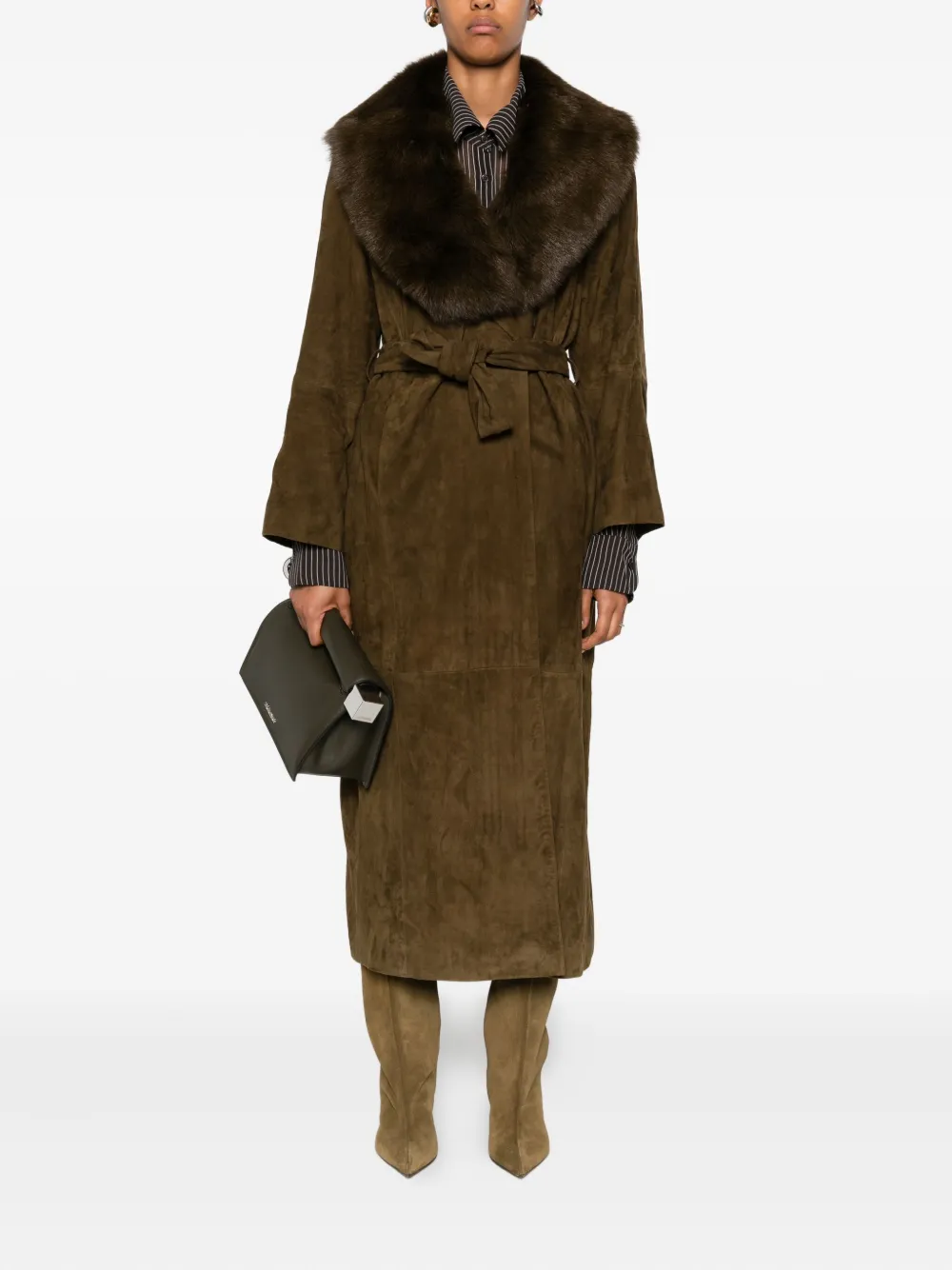 Nour Hammour Briona Faux-fur Collar Suede Coat In Green