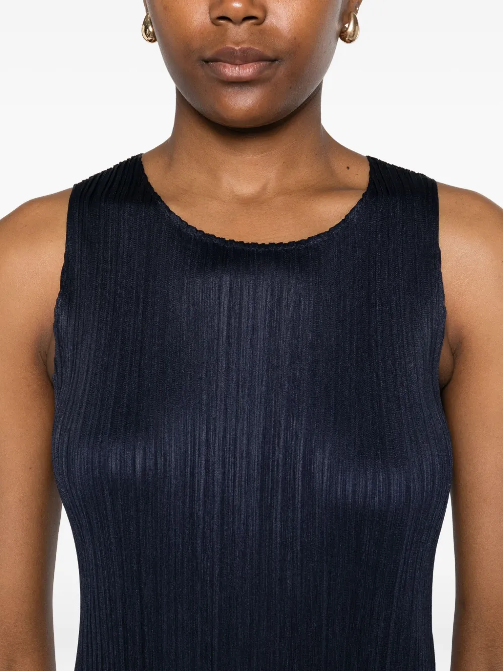 Pleats Please Issey Miyake pleated sleeveless midi dress Blauw