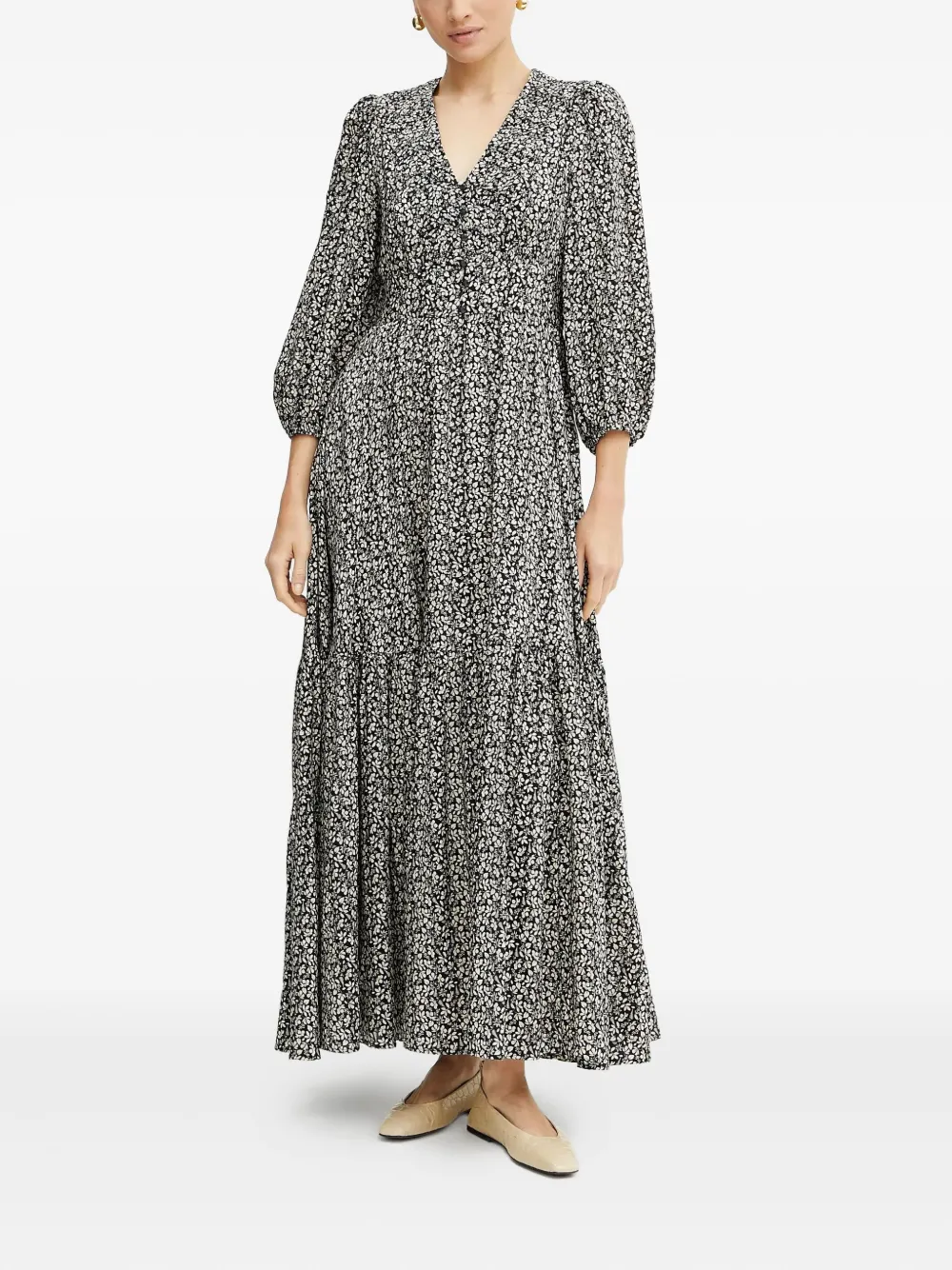 Ivy & Oak Floral-print Button-front Maxi Dress In Black